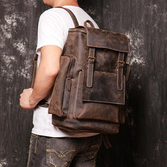 Brown Mens Leather 15 inches Large School Laptop Backpack Brown Travel Backpacks for Men