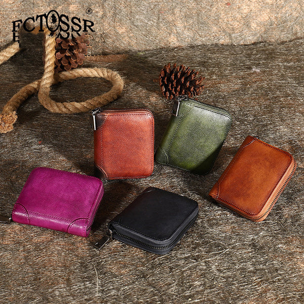 Black Small Leather Bifold Wallet Around Zip - Chain Detail