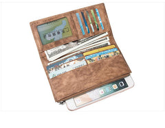Vintage Brown Long Wallet Leather Mens Bifold - Stitching Detail