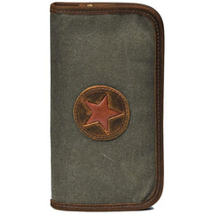 Brown Canvas Mens Long Wallet Zipper Green Clutch Phone Wallet For Men