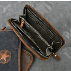 Brown Canvas Mens Long Wallet Zipper Green Clutch Phone Wallet For Men