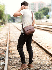 Casual Dark Brown Leather 8 inches Small Messenger Bag Side Bag Postman Bag for Men