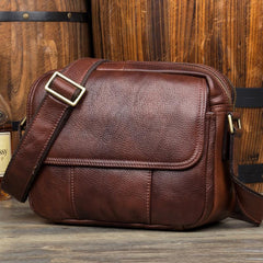 Casual Dark Brown Leather 8 inches Small Messenger Bag Side Bag Postman Bag for Men