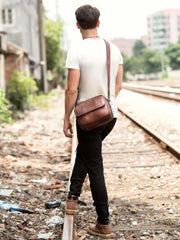 Casual Dark Brown Leather 8 inches Small Messenger Bag Side Bag Postman Bag for Men