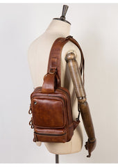 Casual Brown Leather Mens Sling Pack Sling Bag Chest Bag One Shoulder Backpack for Men