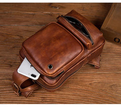 Casual Brown Leather Mens Sling Pack Sling Bag Chest Bag One Shoulder Backpack for Men