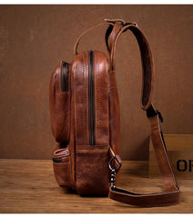 Casual Brown Leather Mens Sling Pack Sling Bag Chest Bag One Shoulder Backpack for Men