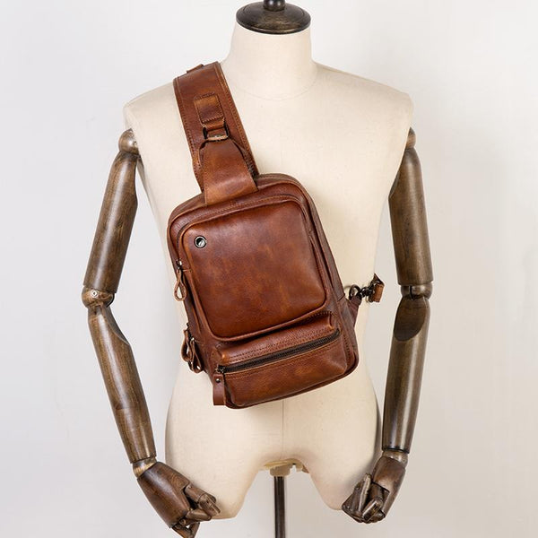Casual Brown Leather Mens Sling Pack Sling - Back View