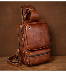 Casual Brown Leather Mens Sling Pack Sling Bag Chest Bag One Shoulder Backpack for Men