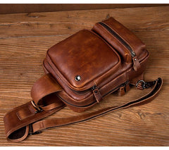 Casual Brown Leather Mens Sling Pack Sling Bag Chest Bag One Shoulder Backpack for Men
