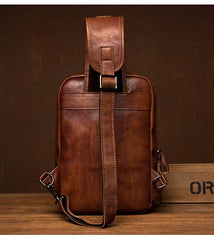 Casual Brown Leather Mens Sling Pack Sling Bag Chest Bag One Shoulder Backpack for Men