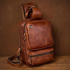 Casual Brown Leather Mens Sling Pack Sling Bag Chest Bag One Shoulder Backpack for Men