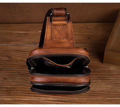 Brown Leather Mens 10 inches Sling Bag Sling Pack Casual Chest Bags One Shoulder Backpack for Men