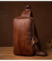 Brown Leather Mens 10 inches Sling Bag Sling Pack Casual Chest Bags One Shoulder Backpack for Men
