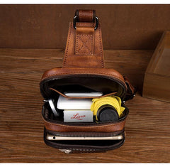 Brown Leather Mens 10 inches Sling Bag Sling Pack Casual Chest Bags One Shoulder Backpack for Men