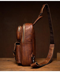 Casual Brown Leather Mens Sling Pack Sling Bag Chest Bags One Shoulder Backpack for Men