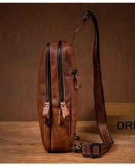 Brown Leather Mens 10 inches Sling Bag Sling Pack Casual Chest Bags One Shoulder Backpack for Men