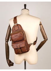 Casual Brown Leather Mens Sling Pack Sling Bag Chest Bags One Shoulder Backpack for Men