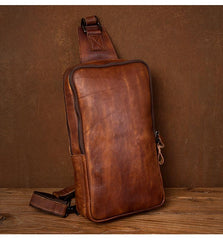 Brown Leather Mens 10 inches Sling Bag Sling Pack Casual Chest Bags One Shoulder Backpack for Men