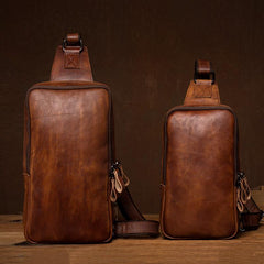 Brown Leather Mens 10 inches Sling Bag Sling Pack Casual Chest Bags One Shoulder Backpack for Men
