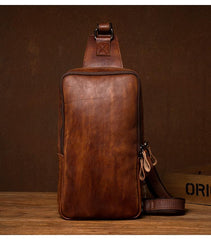 Brown Leather Mens 10 inches Sling Bag Sling Pack Casual Chest Bags One Shoulder Backpack for Men