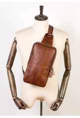 Brown Leather Mens 10 inches Sling Bag Sling Pack Casual Chest Bags One Shoulder Backpack for Men
