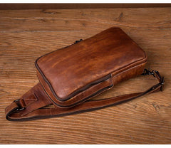 Brown Leather Mens 10 inches Sling Bag Sling Pack Casual Chest Bags One Shoulder Backpack for Men