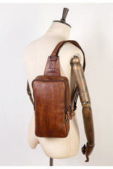Brown Leather Mens 10 inches Sling Bag Sling Pack Casual Chest Bags One Shoulder Backpack for Men