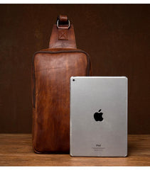 Brown Leather Mens 10 inches Sling Bag Sling Pack Casual Chest Bags One Shoulder Backpack for Men