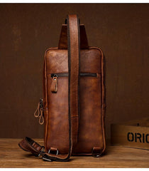 Brown Leather Mens 10 inches Sling Bag Sling Pack Casual Chest Bags One Shoulder Backpack for Men