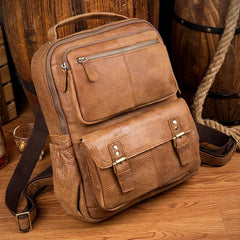 Casual Brown Leather Mens 14 inches Travel School Backpacks Computer Backpack for Men