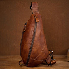 Brown Casual Leather Mens Sling Bag Chest Bags Brown SLing Pack One Shoulder Backpack for Men