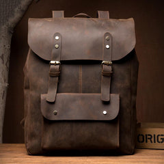 Casual Brown Mens Leather 15-inch Large Backpack Travel Backpacks Computer Backpacks for men