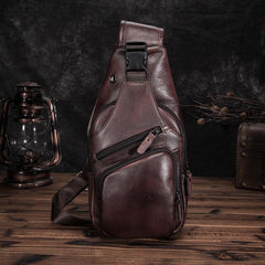 Brown Cool LEATHER MENS 8'' Sling Bag Coffee Chest Bag Brown One Shoulder Bag For Men