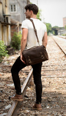 Brown Cool Leather 14 inches Briefcase Work Bag Business Bags Side Bag for Men