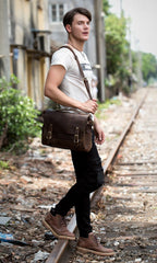 Brown Cool Leather 14 inches Briefcase Work Bag Business Bags Side Bag for Men