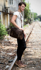 Brown Cool Leather 14 inches Briefcase Work Bag Business Bags Side Bag for Men