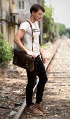 Brown Cool Leather 14 inches Briefcase Work Bag Business Bags Side Bag for Men