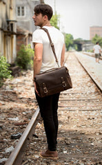 Brown Cool Leather 14 inches Briefcase Work Bag Business Bags Side Bag for Men