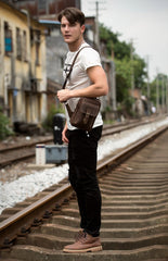 Cool Brown Leather One Shoulder Backpack Sling Bags Crossbody Pack for Men