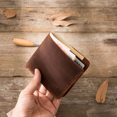 Brown Cool Leather Mens Small Wallet Bifold Vintage Slim billfold Wallet for Men