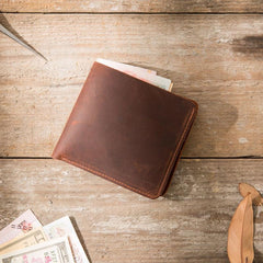 Brown Cool Leather Mens Small Wallet Bifold Vintage Slim billfold Wallet for Men