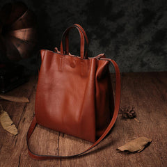 Vertical Brown Leather Tote Bag Womens Shoulder Shopper Tote Handbag Purse