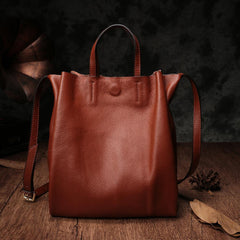 Vertical Brown Leather Tote Bag Womens Shoulder Shopper Tote Handbag Purse
