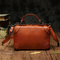Red Womens Leather Satchel Handbag Cube Square Box Satchel Brown Handbag Purse for Ladies
