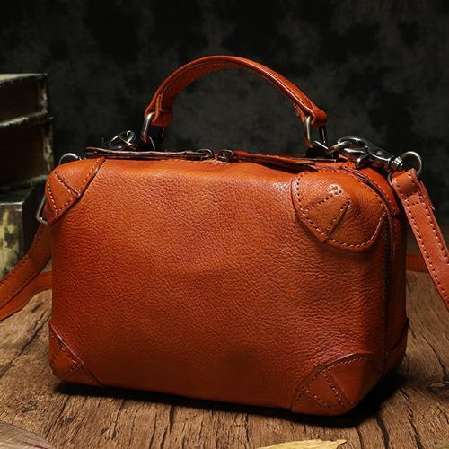 Brown Womens Leather Satchel Handbag Cube Square Box Satchel Handbag Purse for Ladies
