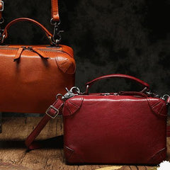 Red Womens Leather Satchel Handbag Cube Square Box Satchel Brown Handbag Purse for Ladies