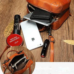 Red Womens Leather Satchel Handbag Cube Square Box Satchel Brown Handbag Purse for Ladies
