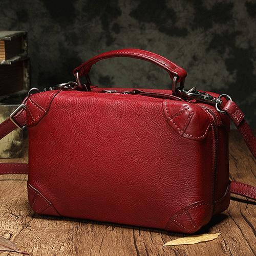 Red Womens Leather Satchel Handbag Cube Square Box Satchel Brown Handbag Purse for Ladies