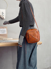 Vintage Womens Brown Leather Square Small Handbag Side Bag Crossbody Bag for ladies